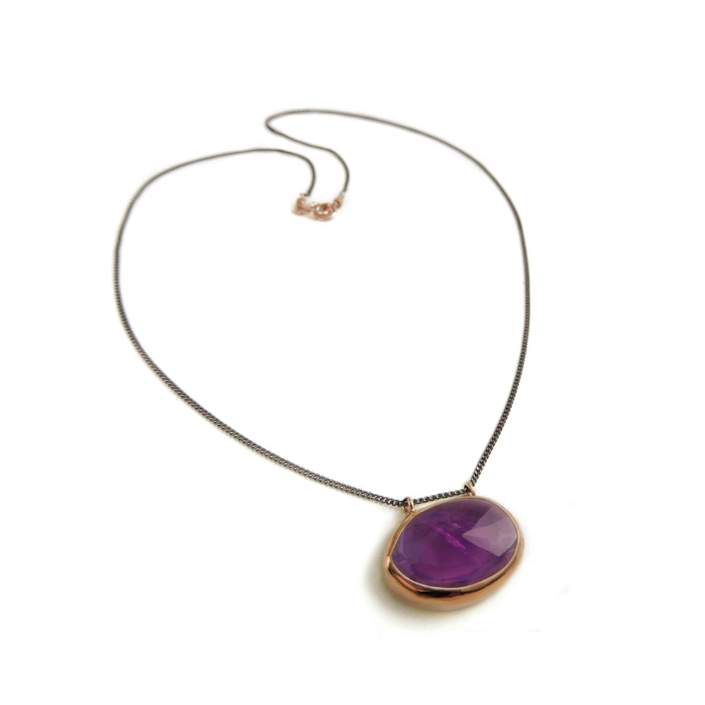 Ishi Amethyst Oxydized Sterling Silver Necklace with 10K Gold Bezel, Clasp and Pins, 17"-PolkAndTaylor-PolkandTaylor