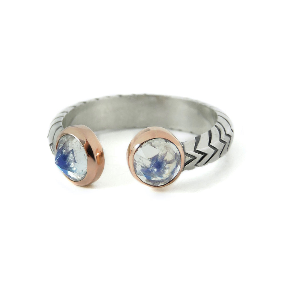 Ishi Cobra Two Moonstone Ring with Sterling Silver and 10K Yellow Gold Bezel, Size 6-PolkAndTaylor-PolkandTaylor