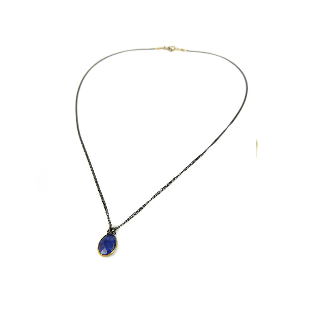 Ishi Lapis Round Oxydized Sterling Silver Necklace with Brass Clasp and Pins, 17"-PolkAndTaylor-PolkandTaylor