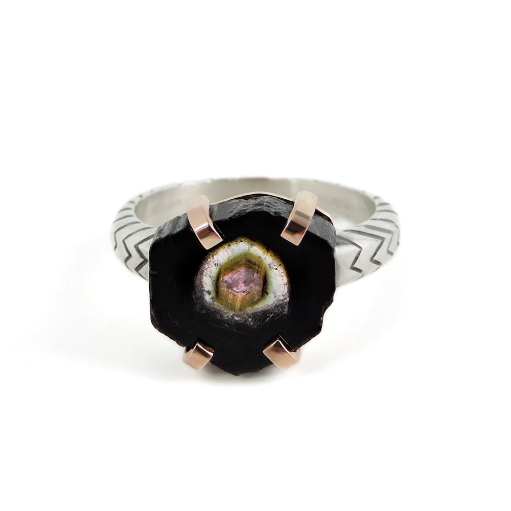 Ishi Watermelon Tourmaline Ring with Sterling Silver and 10K Yellow Gold Bezel, Size 7-PolkAndTaylor-PolkandTaylor